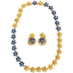 Blue Enamel Diamond Gold Necklace and Earclips