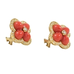 18K Yellow Gold Coral & Diamond Flower Earring