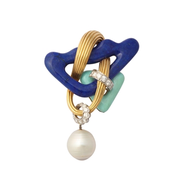 Turquoise Lapis Lazuli Cultured South Sea Pearl Diamond Pin