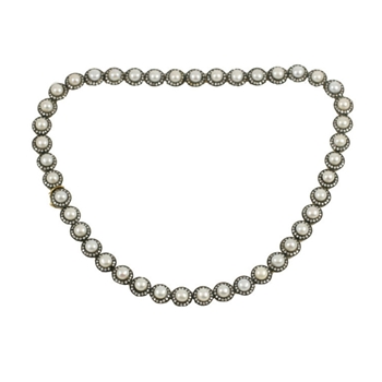 Silver on Gold, Diamond and Cultured Button pearl Necklace