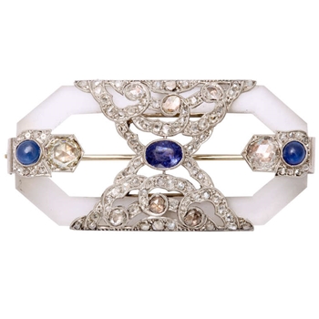 Rock Crystal Sapphire Rose Diamond Platinum Brooch