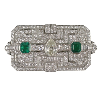 Exquisite Art Deco Diamond and Emerald Clip Pendant