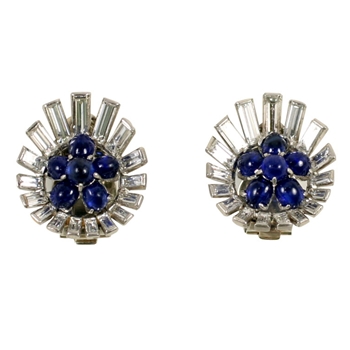 Platinum Cabochon Sapphire & Baguette Diamond Earring