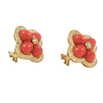 18K Yellow Gold Coral & Diamond Flower Earring