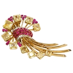 Retro 18K Yellow Sapphire Ruby and Diamond Spray Clip