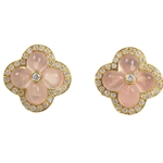 18K Yellow Gold Rose Quartz & Diamond Flower Earrings