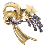 18K Yellow Gold Sapphire & Diamond Retro Brooch